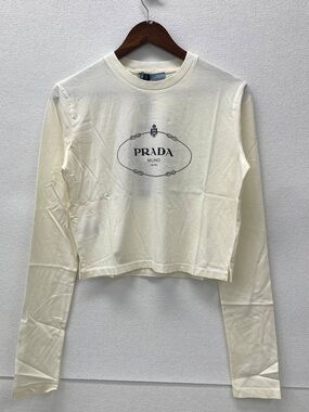 Prada Cream Logo Long-Sleeve Crop Tee